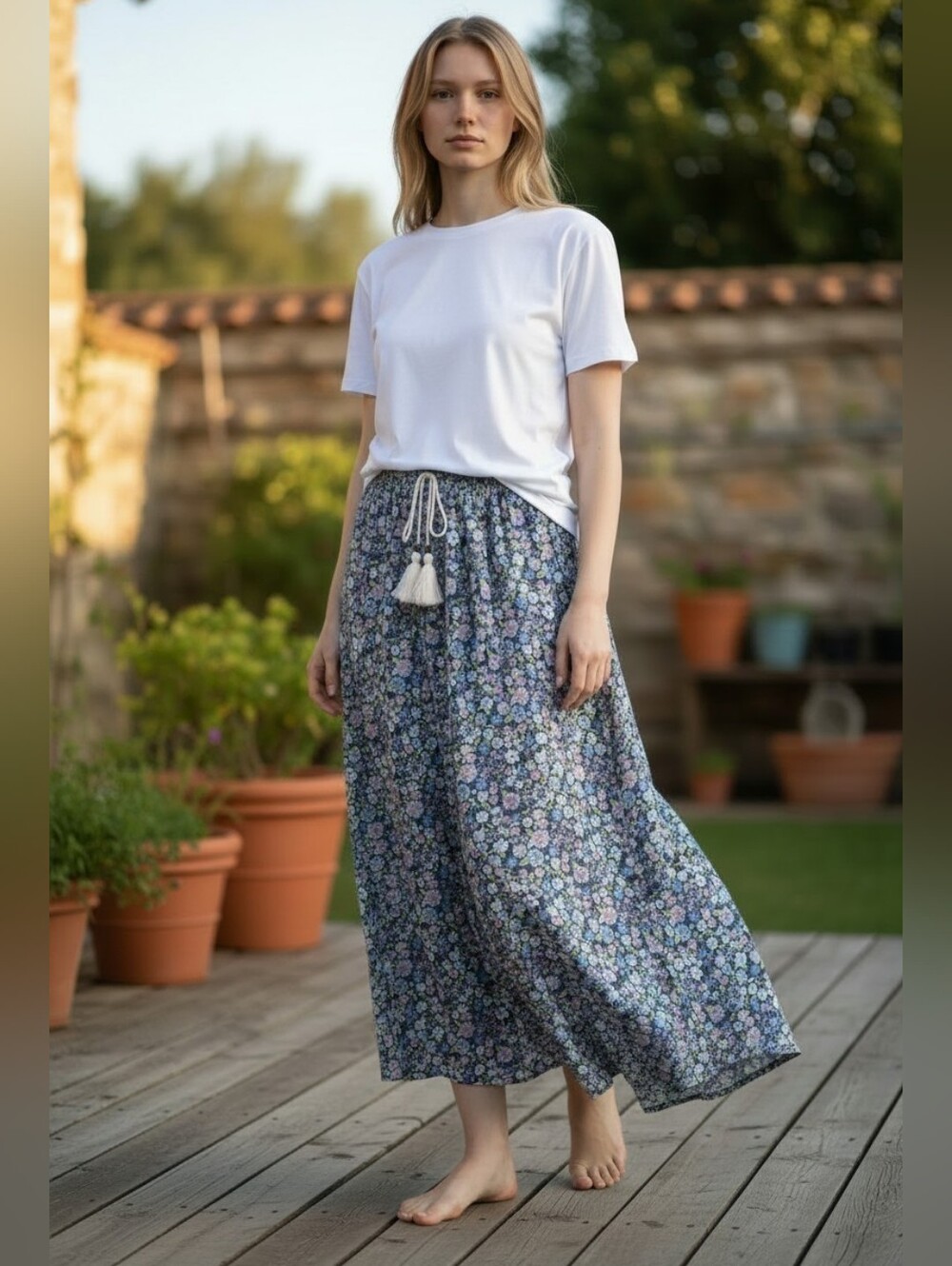 American Eagle Outfitters Blue Floral High-Low Maxi Skirt with Tassel